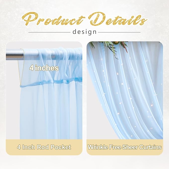20x10ft Baby Blue Tulle Backdrop Curtain with Lights String for Parites, Sheer Photo Backdrop Curtains with Lights for Wedding Backdrop Ceremony Reception Bridal Shower Baby Shower Birthday Party