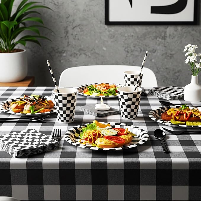 452 Pcs Checkered Flag Party Supplies for 50 Guests, Black and White Checkered Paper Plates Napkins Cups Tablecloth Cutlery Straws for Race Car Birthday Party Decorations