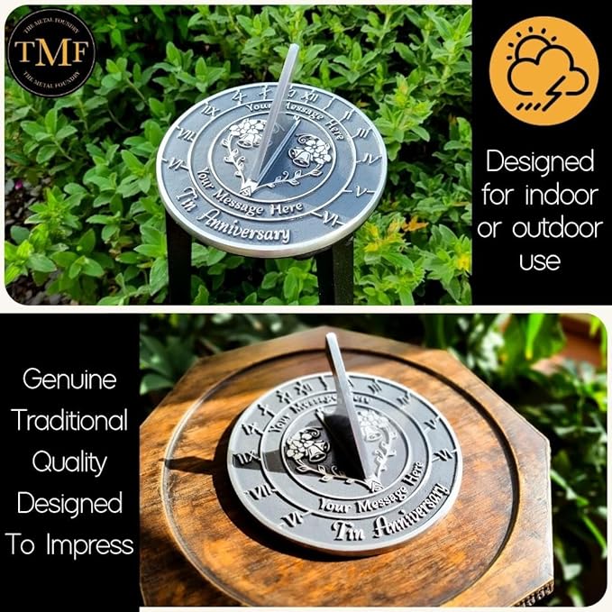 The Metal Foundry Personalized Tin 10th Large Sundial - Recycled Metal Home Decor Or Garden Present Idea Made in The UK for Parents, Grandparents, Friends, Couples On 10 Yr Marriage