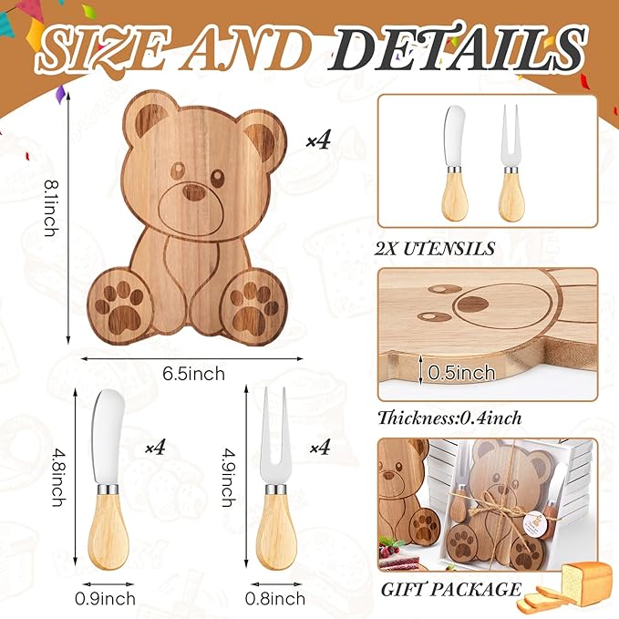 4 Set Baby Shower Prizes Bear Shaped Cheese Board with Cheese Knives and Forks Baby Shower Party Favors Gift Box for Wedding Bridal Birthday Gender Reveal Favor (Acacia Color)