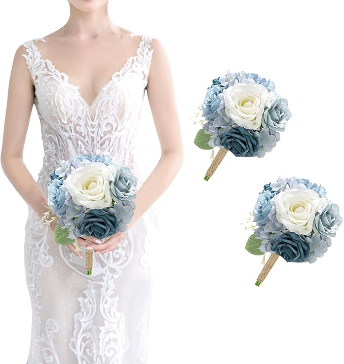 Artificial Bridesmaids Bouquets Set of 2 - 7 inch Silk Rose Bouquets for Bridesmaids, Pre-made Bridesmaid Flowers Small Bouquet for Wedding Vintage Country Bridal Shower Decorations -Dusty Blue