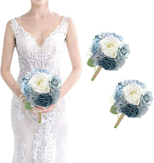 Artificial Bridesmaids Bouquets Set of 2 - 7 inch Silk Rose Bouquets for Bridesmaids, Pre-made Bridesmaid Flowers Small Bouquet for Wedding Vintage Country Bridal Shower Decorations -Dusty Blue