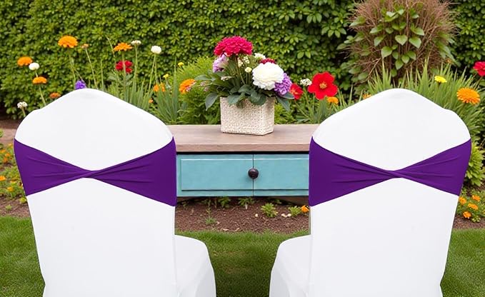 VDS Pack of 75 PCS | Purple | Spandex Chair Sashes Bows Without Buckle | Stretch Elastic Banquet Universal Folding Chair Band Tie with for Wedding Party Conference Celebration Event Decoration