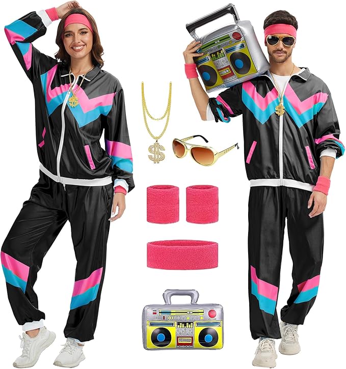 80s Outfit for Men Women-One Set 80s 90s Costumes with Accessories-Couples Track Suits for Halloween Carnival Party