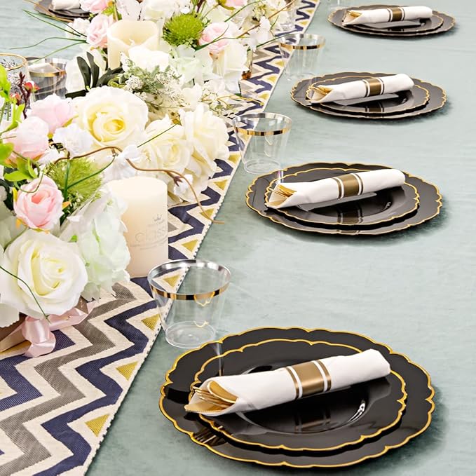 Morejoy 175PCS Black Gold Plastic Plates, Black Plate with Rolled Napkins: 50 Plates, 25 Spoons, 25 Forks, 25 Knives, 25 Cups for Wedding & Party & Birthday & New Year & Halloween