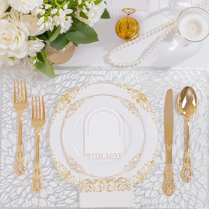Ciaell 300PCS White and Gold Plastic Plates - Gold Disposable Dinnerware Sets for 50 Guests - 100 Plates, 50 Knives, 50 Forks, 50 Spoons, and 50 Napkins for Wedding, Anniversary, Party