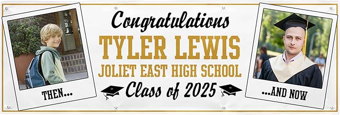Let's Make Memories Personalized 8ft Graduation Banner - Graduation Party Decorations - Customized Congratulations Banner - Class of 2025 - Indoor/Outdoor Vinyl - How Time Flies - Gold - 8 ft