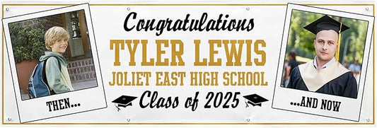 Let's Make Memories Personalized 8ft Graduation Banner - Graduation Party Decorations - Customized Congratulations Banner - Class of 2025 - Indoor/Outdoor Vinyl - How Time Flies - Gold - 8 ft