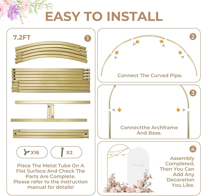 Babenest Gold Arch Backdrop Stand Set of 2, 6.6FT/7.2FT Metal Arch Wedding Stand, Balloon Arch Frame for Ceremony Birthday Party Bridal Baby Shower Banquet Decoration (7.2FTx4FT,6.6FTx3FT)