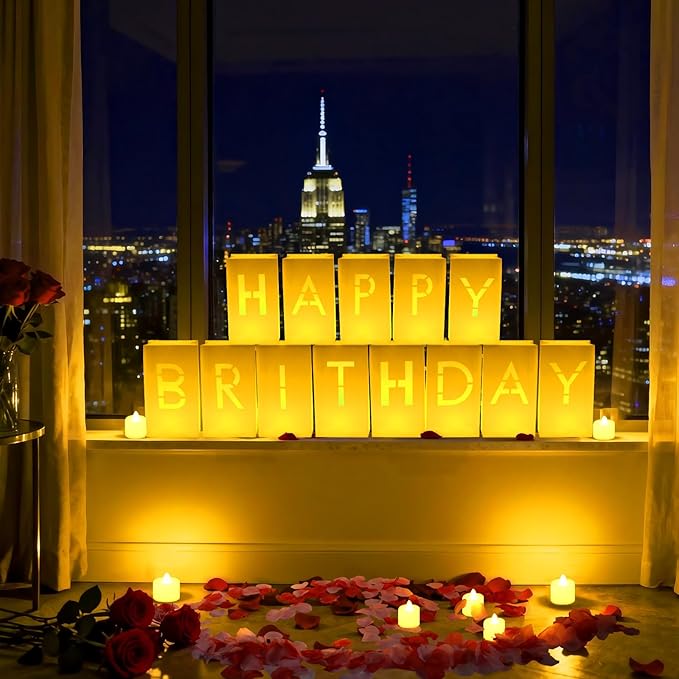 Happy Birthday Decorations for Women Men Girls Light Up Sign Luminary Bags Letters with 2000PC Rose Petals and Candles kit, Happy Birthday Banner for Room Party Decorations, Surprise Gifts Banner
