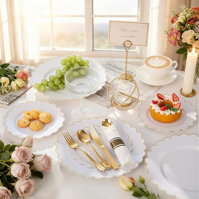 supernal 100pcs White and Gold Plastic Plates Scalloped Plastic Plate - Plastic Plates for Party,Pretty Dinner Plate Perfect for Valentine's Day Wedding and Birthday