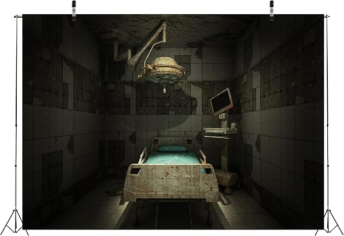 CORFOTO 9x6ft Fabric Creepy Abandoned Operating Room Backdrop Spooky Horror Hospital Interior Background Sickbed Bloody Murder Crime Party Decorations Kids Adults Halloween Party Banner Photo Props