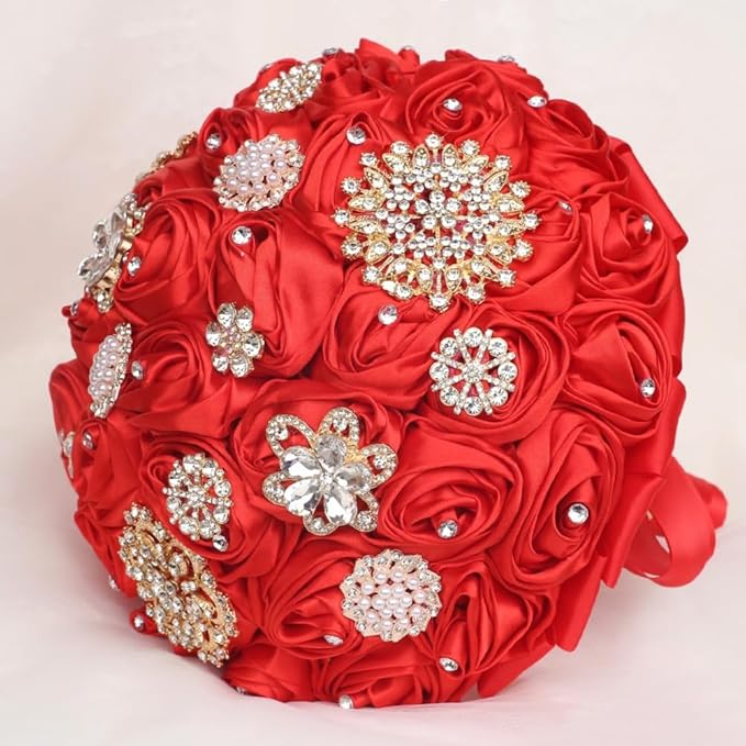 Red Handmade Wedding Bridal Bouquet with Luxury Gold Rhinestone Brooch Satin Rose Flower Bouquet for Bride Bridesmaid Quinceanera Wedding Bouquet Red 7.5in