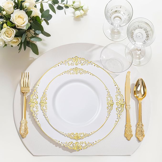 Nervure 350PCS Gold Plastic Dinnerware - White and Gold Disposable Plates for 50 Guests - 100 White Disposable Plates, 150 Plastic Silverware, 50 Cups, 50 Napkins for Wedding & Party