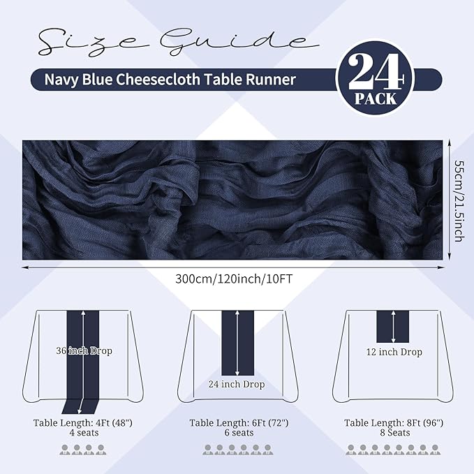 24 Pack Navy Blue Cheesecloth Table Runner 120 inch Fall Thanksgiving Boho Rustic Gauze Farmhouse 10FT Cheese Cloth Runner for Baby Shower Wedding Party Holiday Home Decor