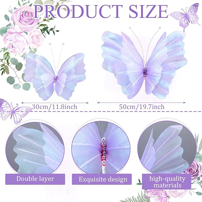 Geelin 6 Pcs Large Purple Butterfly Decorations Mariposas Grandes para Decoracion Big Butterfly Party Decor 20 Inch 12 Inch 3D Silk Butterflies for Baby Shower Women Birthday Party Wedding Decor