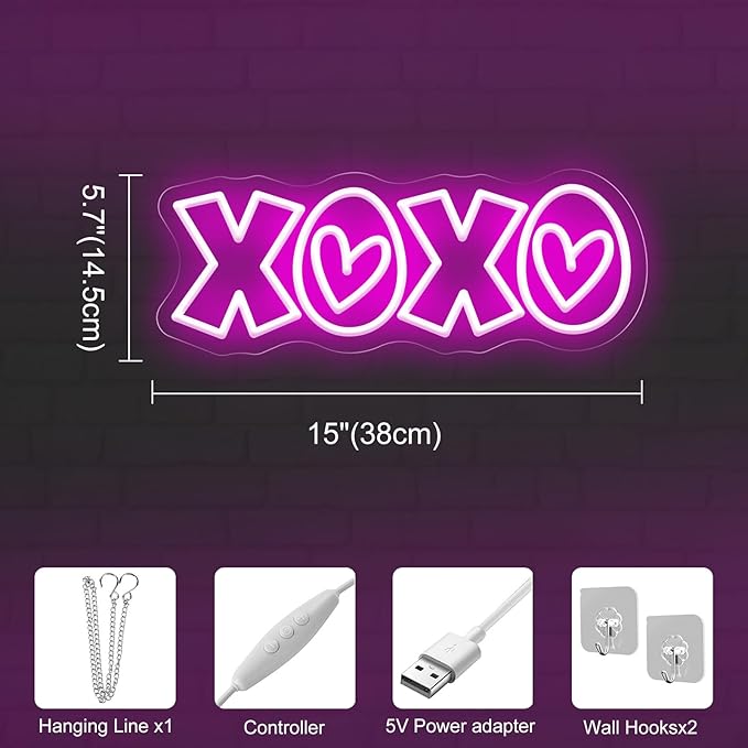 XOXO Neon Sign, Hot Pink LED Light with Romantic Heart Accents for Lover Valentine Gifts, Bedroom Wall Art, Valentine’s Day Gift, Romantic Home Decor, Couples Gift 15″ × 5.7″