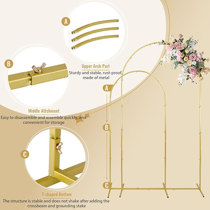 Metal Arch Backdrop Stand Set 7.2FT, 6.6FT, Gold Wedding Arch Frame with 6 U-Clips – Sturdy Rust-Proof Balloon Arch Stand for Wedding Ceremony, Baby Shower, Birthday Party, Indoor/Outdoor Decor
