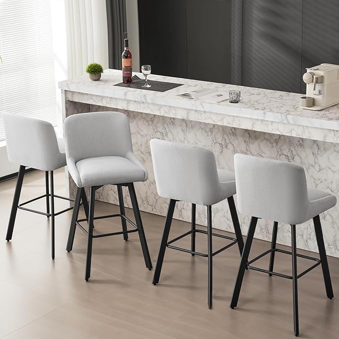 Swivel Bar Stools Set of 4, 29''H Upholstered Barstools with Backs, Modern Counter Height Bar Stool Chairs for Kitchen Island, Metal Legs, Fabric, Light Gray Counter Stools