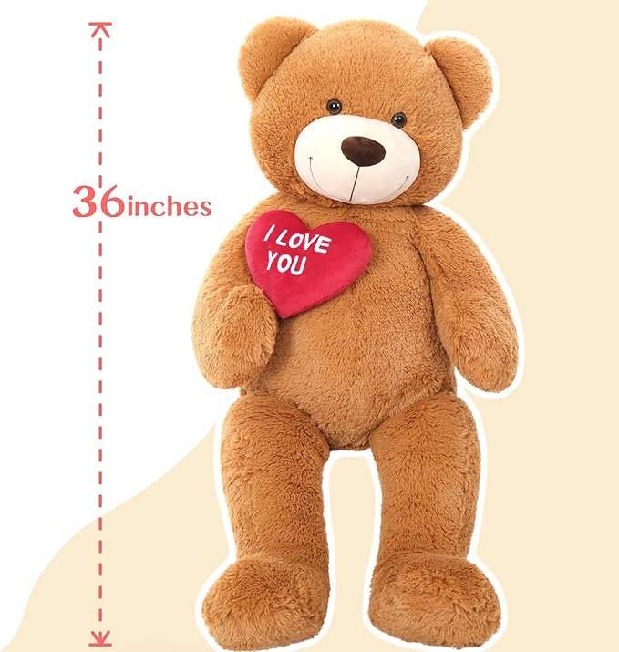 Red Heart Giant Teddy Bears, Big Teddy Bear Stuffed Animals with Embroidered I Love You for Girlfriend, Valentines Fluffy Teddy Bear Birthday Gifts 36 inches