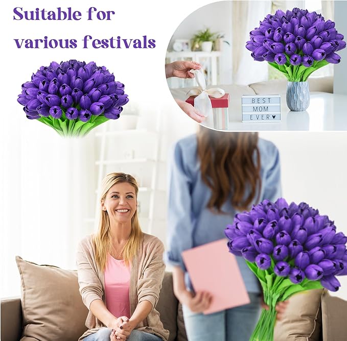 Jexine 100 Pcs Artificial Real Touch Tulips Fake Artificial Tulip Flower Bulk Bouquet with Stem for Table Centerpieces Wedding Bridal Easter Mother's Day Garden Home Decor, 13.4''(Purple)