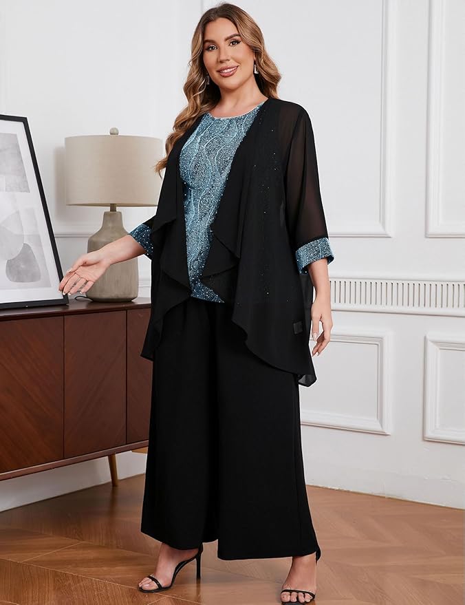 ZOMVA Plus Size 3 Piece Formal Pantsuit Sparkly Chiffon Jacket Set Dressy Outfit Mother of The Bride Groom Wedding Cocktail