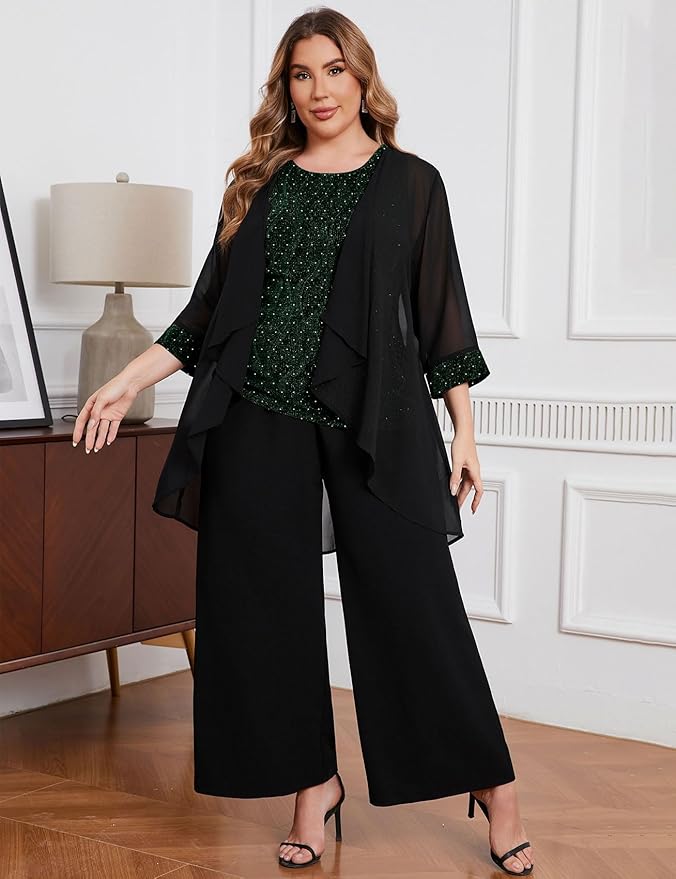 ZOMVA Plus Size 3 Piece Formal Pantsuit Sparkly Chiffon Jacket Set Dressy Outfit Mother of The Bride Groom Wedding Cocktail