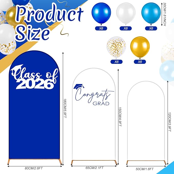 34 Pieces Graduation Decorations 2026 Set Arch Backdrop Cover Set of 3 (4/5/6ft) Blue and White Spandex Arch Backdrop Cover Golden Balloons for Graduation Season Class of 2026 Party Decor