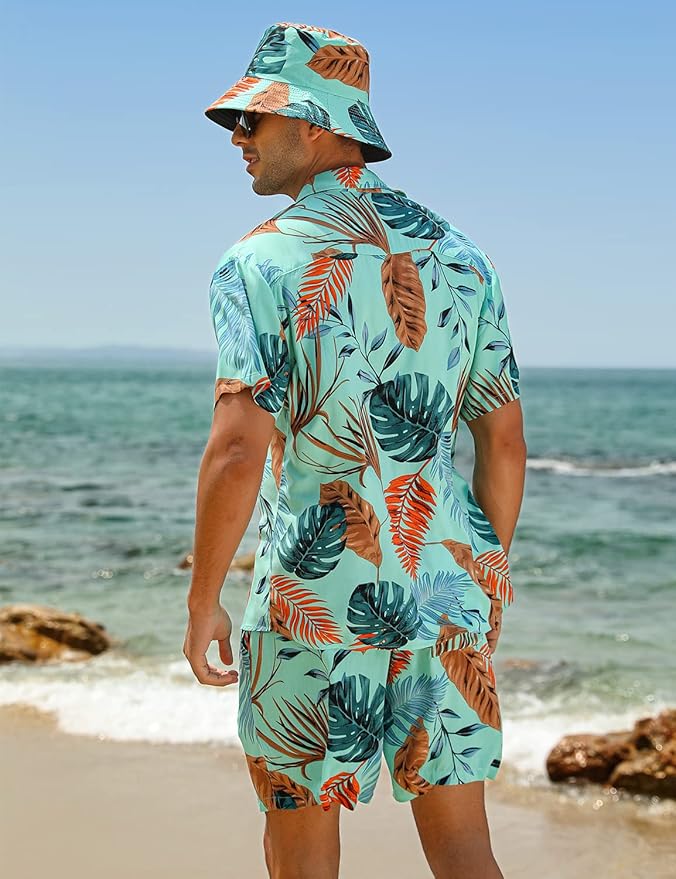 EISHOPEER Men's Flower Hawaiian Sets Casual Short Sleeve Shirt and Shorts Suits Outfits with Bucket Hats