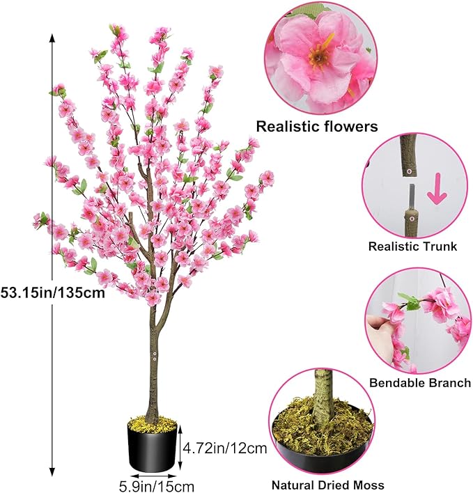 HUAESIN Cherry Blossom Artificial Tree Decor Lifelike 4.4FT Fake Pink Flowers Tree Faux Plants Sakura Tree Wedding Party Spring Indoor Outdoor Office Wedding Home Decor