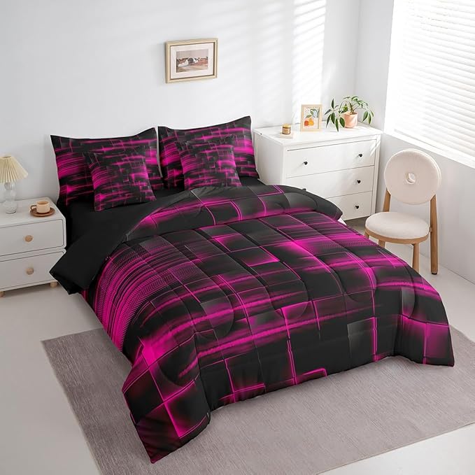 Feelyou Rose Red Black Bedding Set Twin Size Boys Girls Geometric Strip Lines Comforter Set with Sheets 7 Piece for Bed in a Bag Abstract Modern Bed Set with Comforter,Sheets,Pillowcases