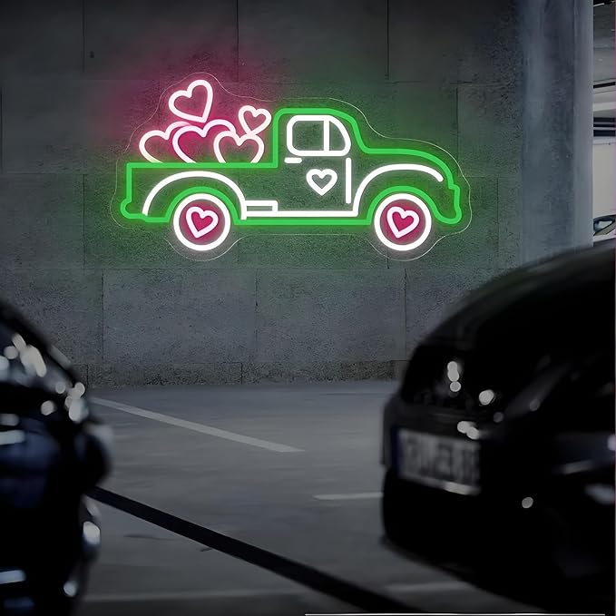 Truck With Hearts Neon Sign - 5-Level Dimmable USB Valentine's Day Decor & Heart Neon Signs, Ideal for Weddings, Party Setups, Shop Walls, Romantic Bedroom Wall Art