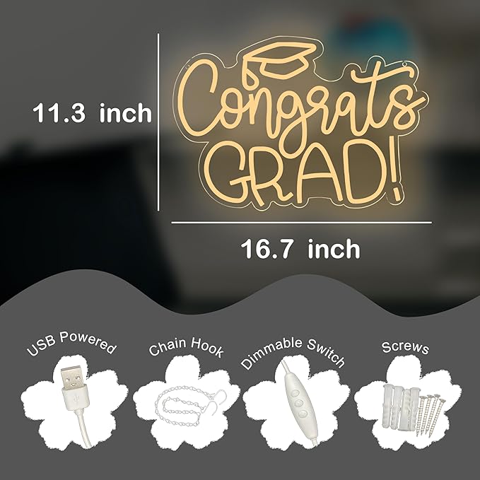 Congrats Grad Neon Sign USB Powered for Prom Party Wall Decor,Warm White Grad LED Light Up Sign Adjustable for Prom Night Dorm Class Room Graduation Season Party Backdrop Decoration