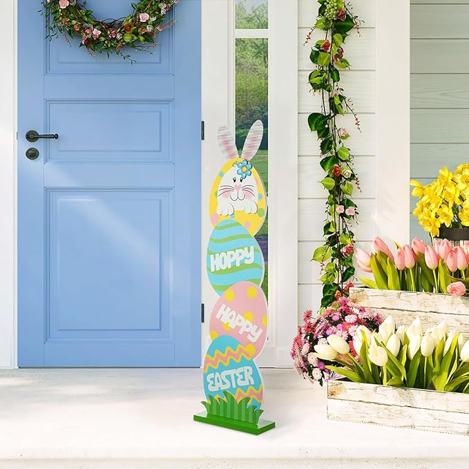 Glitzhome 42" H Happy Easter Porch Sign, Farmhouse Rustic Wooden Bunny and Eggs Porch Decor Standing Sign for Front Door Porch Decorations