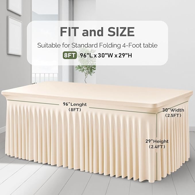 2 Packs Light Champagne Table Clothes for 8 Foot Rectangle Tables, One-Piece Wrinkle Resistant Stretch Spandex Table Covers with Skirt for Event Banquet Wedding Birthday Party