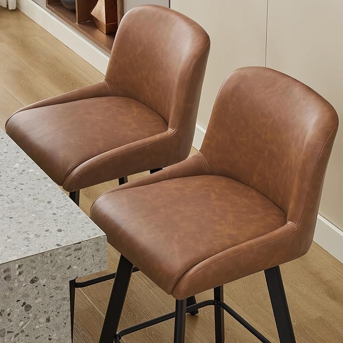 Swivel Bar Stools Set of 3, 29''H Upholstered Barstools with Backs, Modern Counter Height Bar Stool Chairs for Kitchen Island, Metal Legs, Faux Leather, Brown Counter Stools