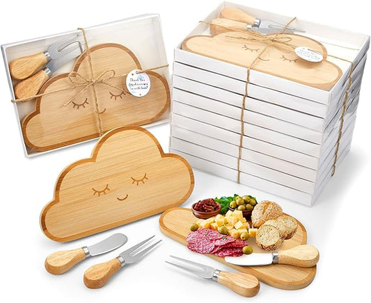 12 Set Baby Shower Party Favors Mini Cheese Cutting Board Cloud Shaped Small Charcuterie Board with Knives Forks Thank Tags with Gifts Box Ropes for Gifts Birthday Wedding Party Baby Shower