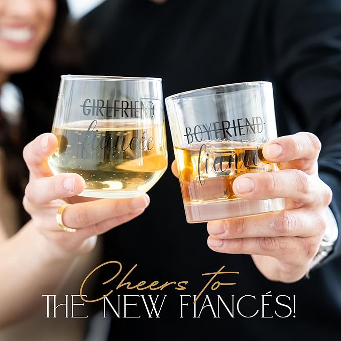 Engagement Gifts for Couples – Mr & Mrs Gift Set for Him & Her – Whiskey and Wine Glasses with Diamond Wine Stopper, Wine Bag – Newly Engaged Present for Fiance