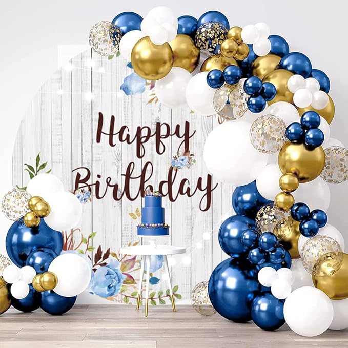 OERJU Happy Birthday Round Backdrop Cover Rustic Wood Blue Floral Flowers Birthday Background for Photography Girls Women Birthday Party Circle Backdrop Cover Cake Table Decoration 6.5x6.5ft