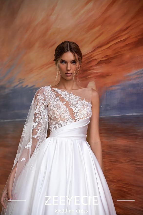 Zeeyecie Ruffle Satin Wedding Dresses 2025 A-Line Crew Neck Lace Applique Sequins Beads Sparkly Bridal Gown with Pockets