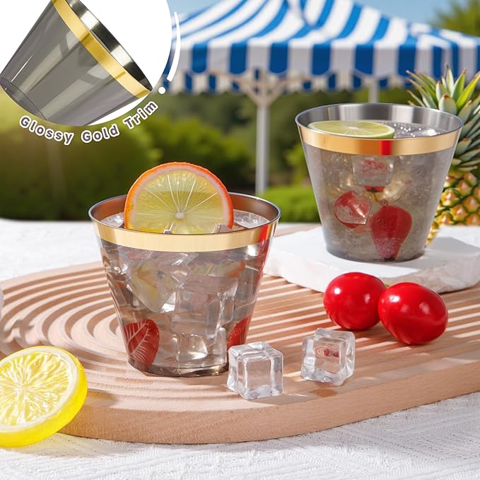 supernal 200 Pcs Gold and Black Plastic Cups,9Oz Gold Rimmed Disposable Cups,Heavy-Duty Plastic Cocktail Glasses for Party,Fancy Party Cups,Perfect for Holiday,Birthday Party Events