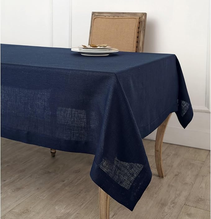 Solino Home Navy Blue Tablecloth 60 x 108 Inch - 100% Pure Linen Rectangular Tablecloth - Machine Washable Table Cloth for Winter, Spring, Easter - Fete