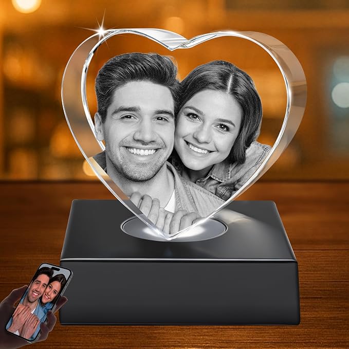 Personalized Anniversary 3D Crystal Photo Gifts for Women 3D Laser Picture Engraved Customized Picture Frames Crystal Birthday Wedding Memorial Gift for Mom, Wife, Men, Her, Husband, Grandma