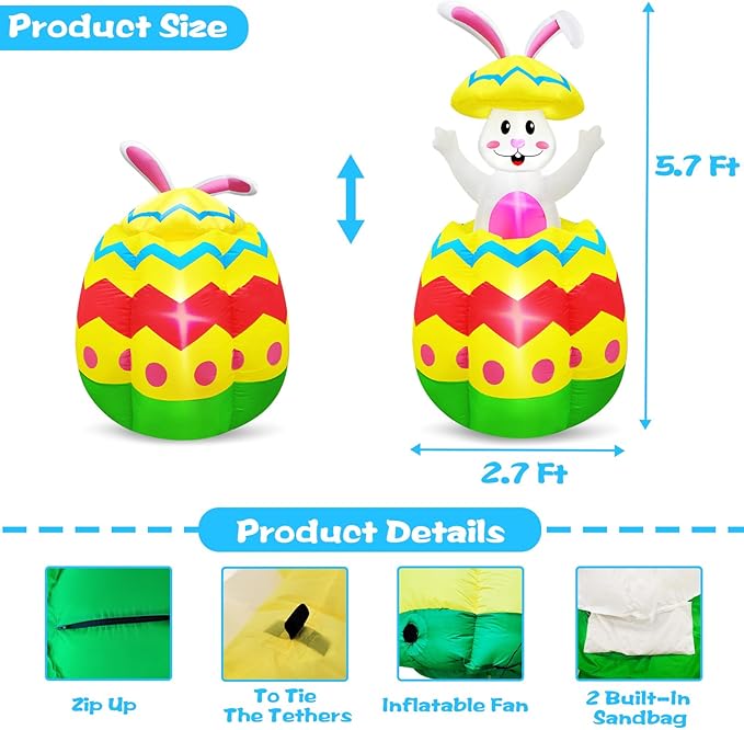 [Pop Up and Down] 5.7 Ft Easter Inflatable Bunny Broke Out of Colorful Easter Eggs, Blow Up Rabbit Decorations Outdoor with Built-in LED Easter Party Decor Yard Garden Lawn Indoor Outdoor Home