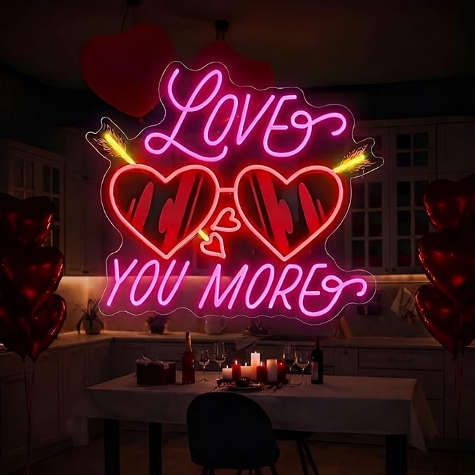 Love You More Neon Sign for Wall Decor, Playful Heart LED Neon Light with Sparkle Detail for Date Night Bedroom Party Decor, Romantic Neon Wall Art for Valentine’s Day Couple Decor 15"x13"