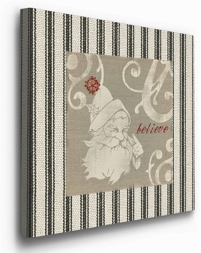 Renditions Gallery Believe Santa Claus Wall Art, Christmas & Winter Decor, Cream & Red, Striped Fabric Look, Premium Gallery Wrapped Canvas, Ready to Hang, 24 in H x 24 in W, Made in America