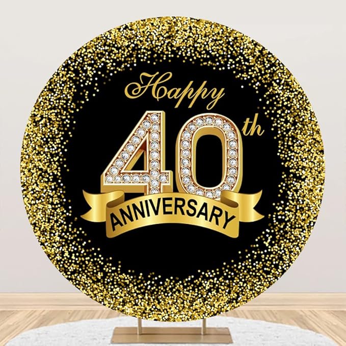 5.5x5.5ft Happy 40th Anniversary Round Backdrop Cover Black Gold Happy 40th Years Wedding Anniversary Party Theme Decor Circle Backdrop Background Luxurious Gold Diamond Dots Banquet Decor Prop