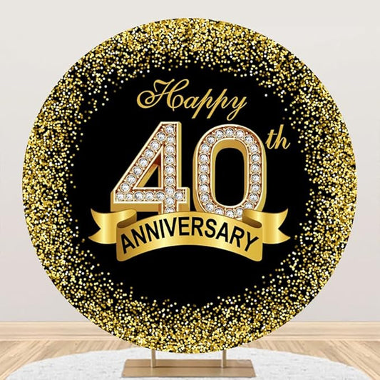 7.2x7.2ft Happy 40th Anniversary Round Backdrop Cover Black Gold Happy 40th Years Wedding Anniversary Party Theme Decor Circle Backdrop Background Luxurious Gold Diamond Dots Banquet Decor Prop