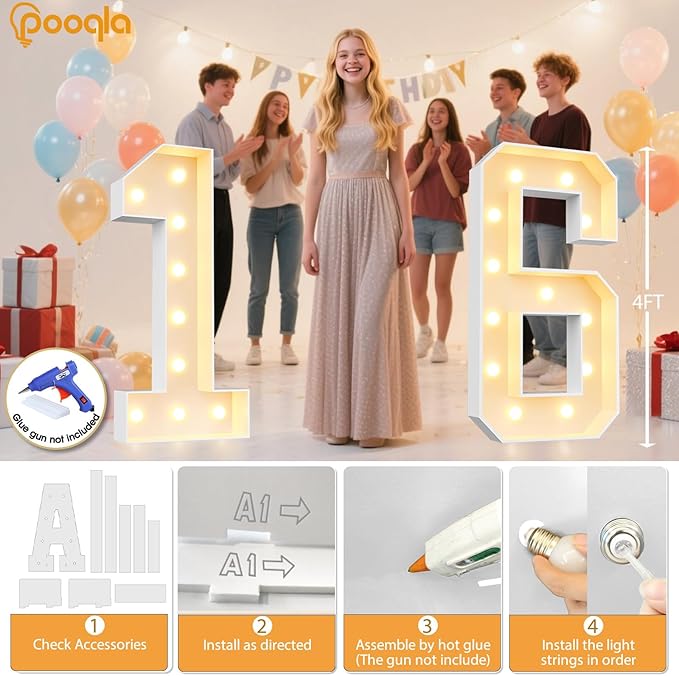 Pooqla 4 FT Light Up Marquee Numbers, Giant Mosaic Light Up Numbers Cool White and Warm White LED, Large Lighted Marquee Numbers for Balloons 10th 20th 50th Birthday Party Decoration, LED Number 0