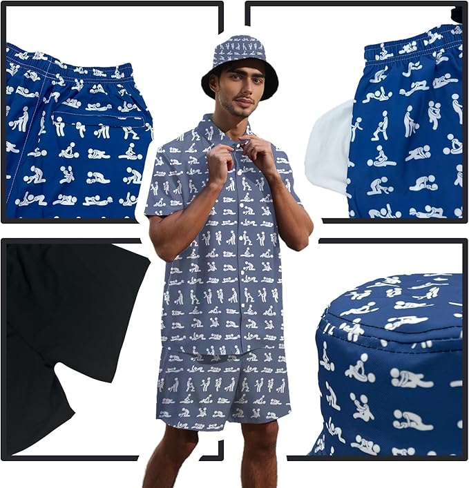 Men's Hawaiian Shirt and Shorts Set 2 Piece Beach Outfits with Bucket Hats for Beach Days and Summer Vibes